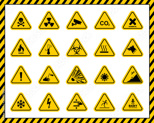 Set of triangle yellow warning sign. Vector, illustration