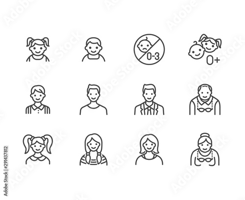 People age flat line icons set. Growth stage - baby boy, teenage girl, young woman, old man vector illustrations. Outline signs for family avatar, toy label. Pixel perfect 64x64. Editable Strokes