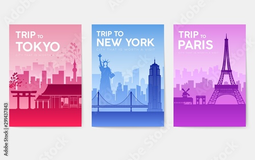 Travel information cards. Landscape template of flyear, magazines, posters, book cover, banners. Country of England, China, Germany, India, Japan, USA, France and Egypt set. Layout city pages