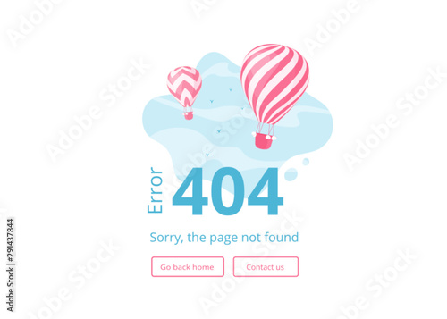 Page not found 404 error website vector illustration. Red stripes hot air balloons on blue skyscape with error 404 sign and interface template for website warning page on travel booking mobile app