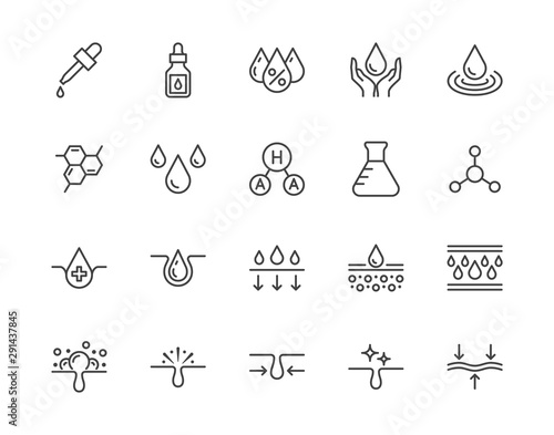 Skin care flat line icons set. Hyaluronic acid drop, serum, anti ageing compound retinol, pore tighten vector illustrations. Outline signs cosmetic product label. Pixel perfect 64x64 Editable Strokes