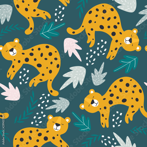 Leopards  leaves  hand drawn backdrop. Colorful seamless pattern with animals. Decorative cute wallpaper  good for printing. Overlapping background vector. Design illustration