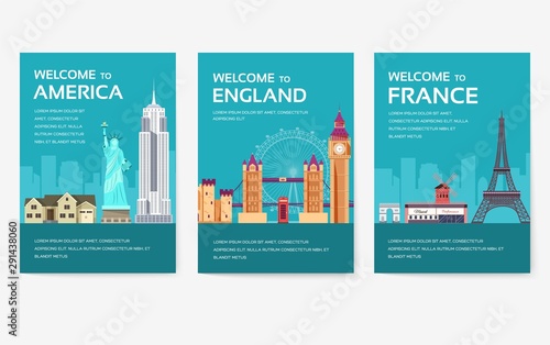 Country of USA, England, China, Frnace, Russia, Thailand, Japan, Italy cards set. Travel of the world of flyer, magazines, poster, book cover, banners. Layout infographic template illustration pages
