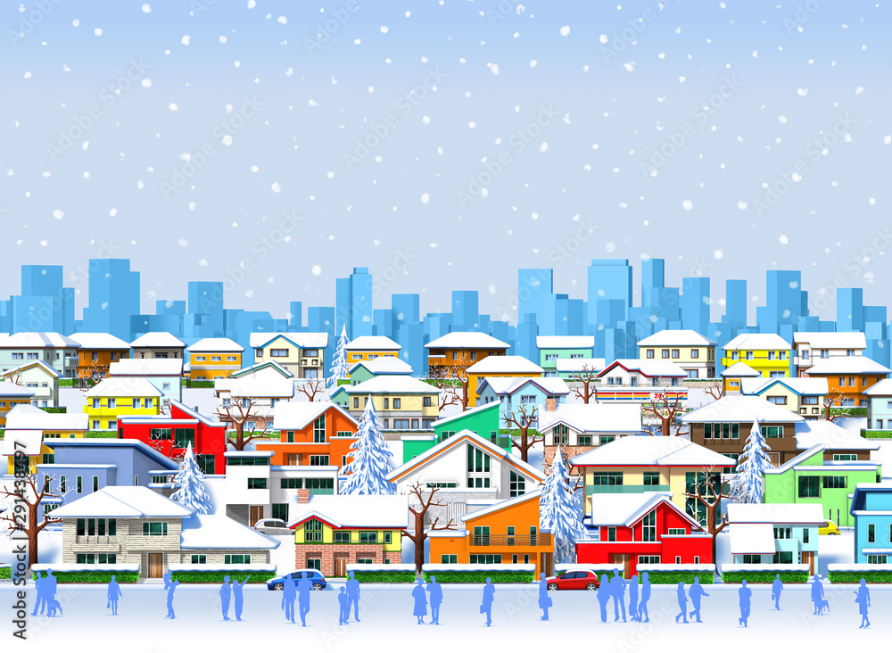 Residential area and residents orthogonality during snowfall by 3d rendering