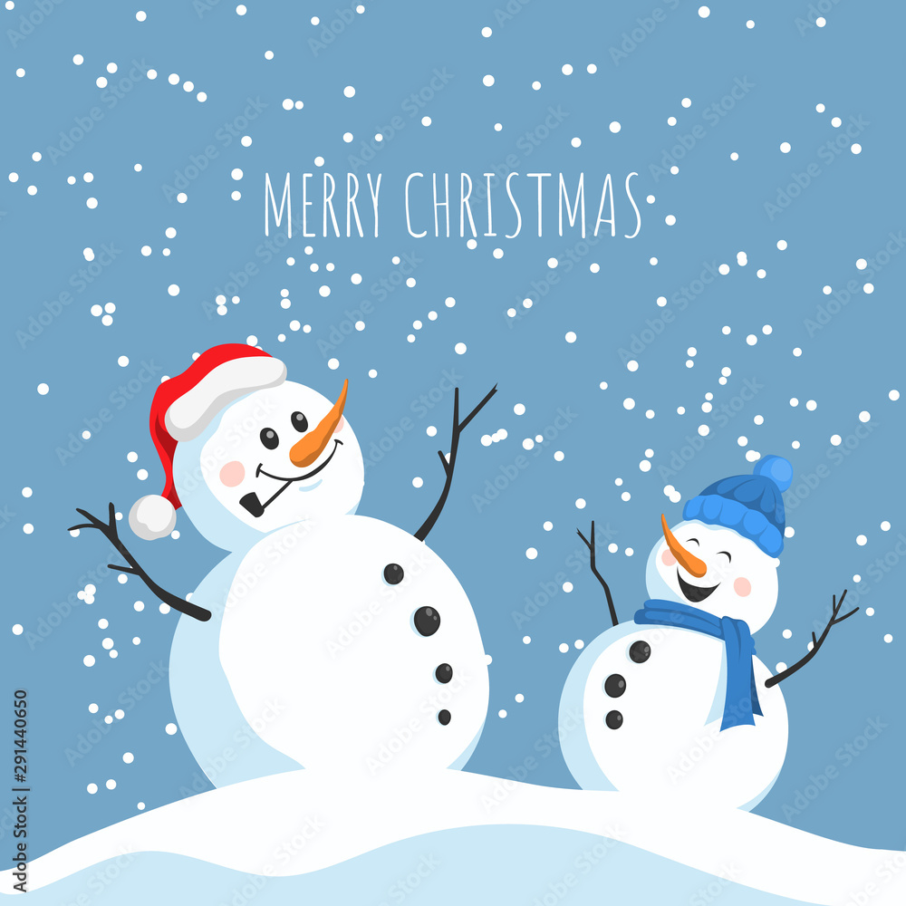 Postcard with happy snowmans. Christmas greeting card in cartoon style. New year poster Postcard with happy snowmans. Christmas greeting card in cartoon style. New year poster