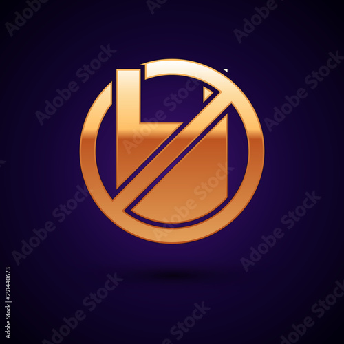 Gold Say no to plastic bags poster icon isolated on dark blue background. Disposable cellophane and polythene package prohibition sign. Vector Illustration