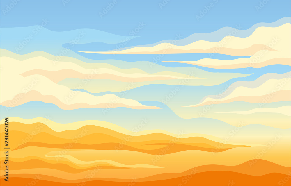 Blue sky with clouds over the yellow desert. Vector illustration.