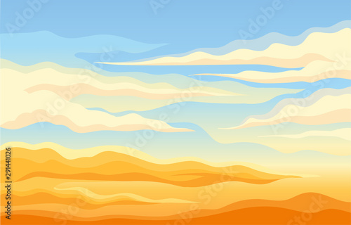 Blue sky with clouds over the yellow desert. Vector illustration.