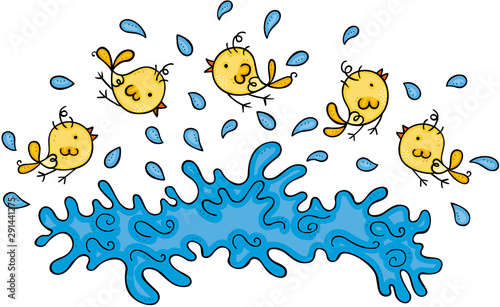 Photography Five little birds playing in water