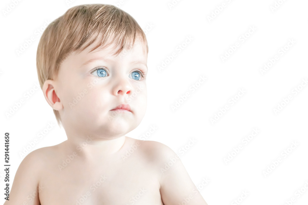 Sad blue-eyed blond kid on a white background. Isolated. Sad blue-eyed blond kid on a white background. Isolated.