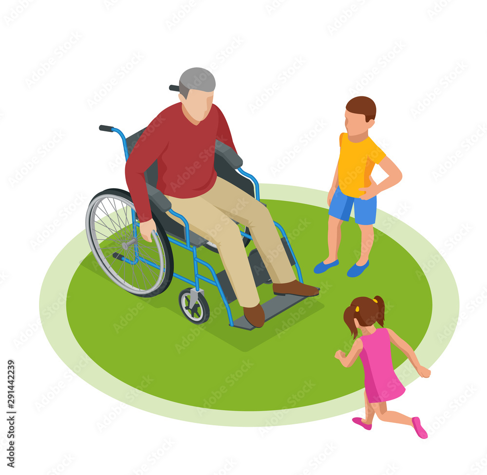 Isometric grandfather goes with grandchildren down the street. Happy family and childhood concept.