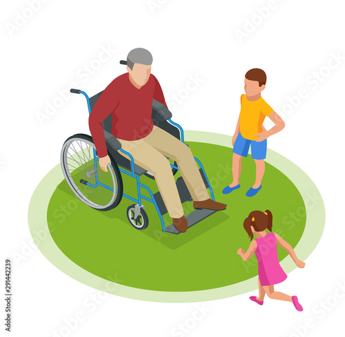 Isometric grandfather goes with grandchildren down the street. Happy family and childhood concept.