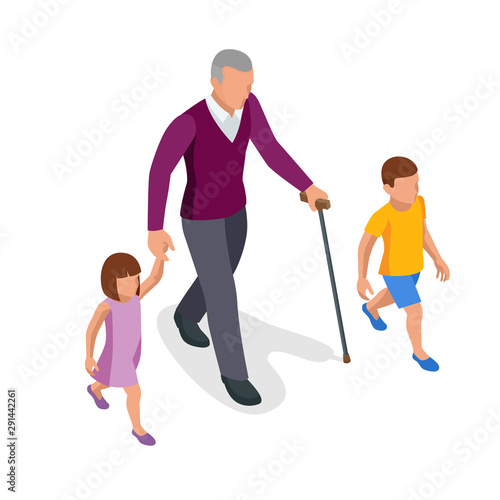 Isometric grandfather goes with grandchildren down the street. Happy family and childhood concept.