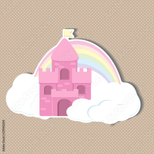 Cartoon medieval fun castle with flag. Magic cartoon castle for princess from fairy tale icon. Funny cartoon castle with decoration background.