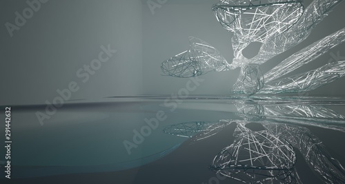 Abstract smooth white lines and blue water parametric interior with neon lights. 3D illustration and rendering.