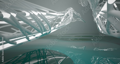Abstract smooth white lines and blue water parametric interior with neon lights. 3D illustration and rendering.