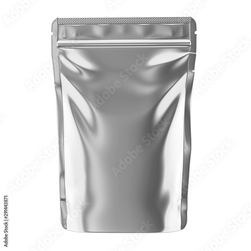 Aluminum blank foil food pack stand up pouch bag packaging with zipper mock up, 3d illustration