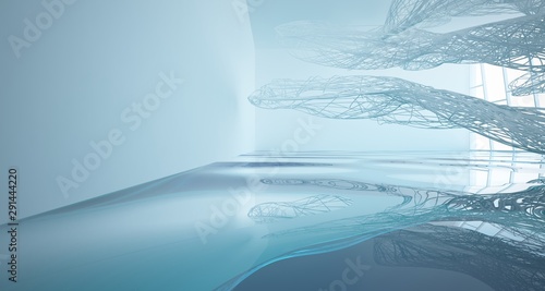 White smooth lines abstract architectural background with water. 3D illustration and rendering