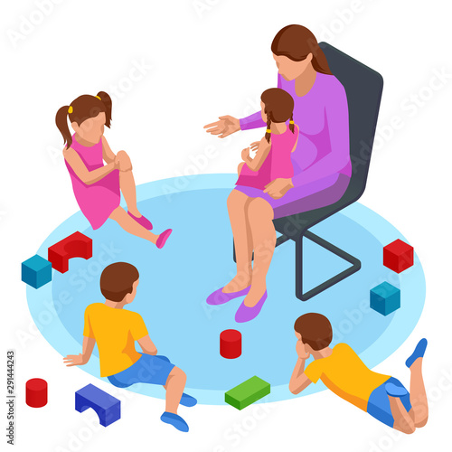 Isometric concept of Mom tells children tales in the nursery. Happy family and childhood concept.