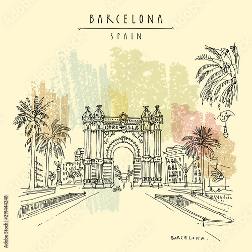 Barcelona, Catalonia, Spain. Arc de Triomf (Triumphal Arch). Hand drawn vintage touristic postcard