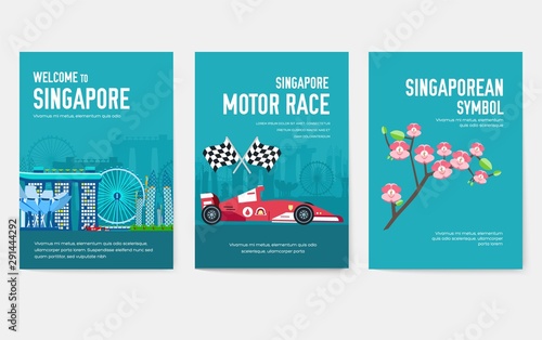 Country Singapore travel vacation guide of goods, places and features. Set of architecture, items, nature background concept. Infographic template design for web and mobile on flat style