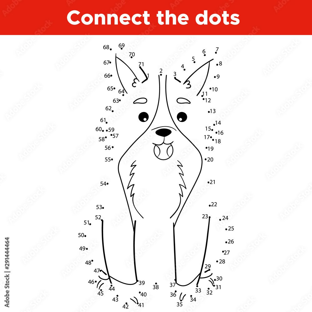 Dot To Dot Number Game For Kids Educational Activity Worksheet Cute Cartoon Welsh Corgi With Ball Learn Count Coloring Page Stock Vector Adobe Stock