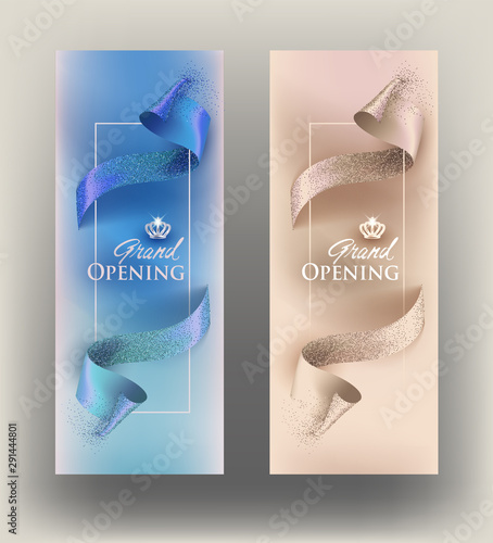 Elegant invitation  vertical banners with curly cut ribbons. Vector illustration