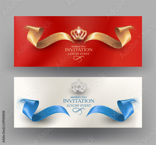 Elegant invitation banners with curly cut ribbons. Vector illustration