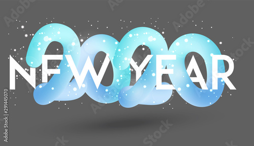New year 2020 banner with falling snow and volume levitating numbers. Vector illustration
