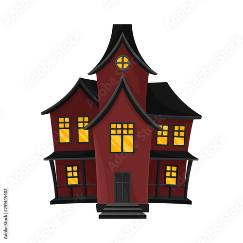 Dark red spooky house with a black pointed roof. Vector illustration.