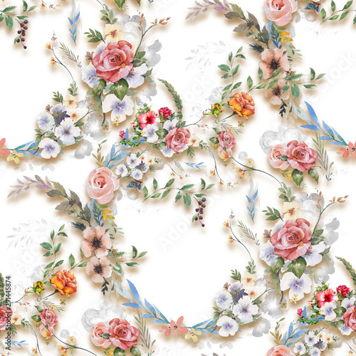 Watercolor painting of leaf and flowers  seamless pattern on white background