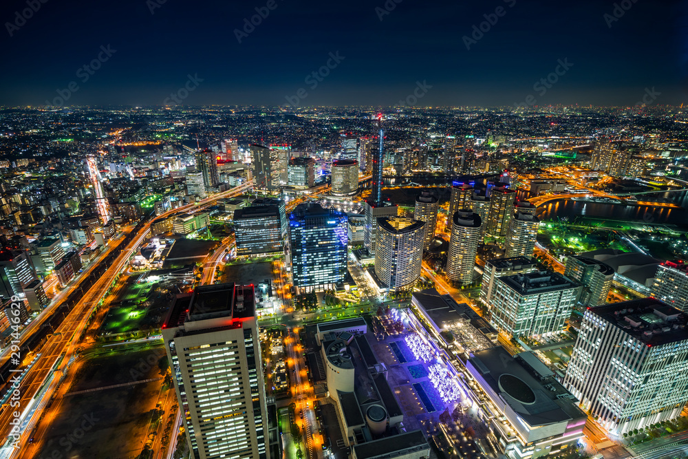 city skyline aerial night view in Yokohama, Japan city skyline aerial night view in Yokohama, Japan