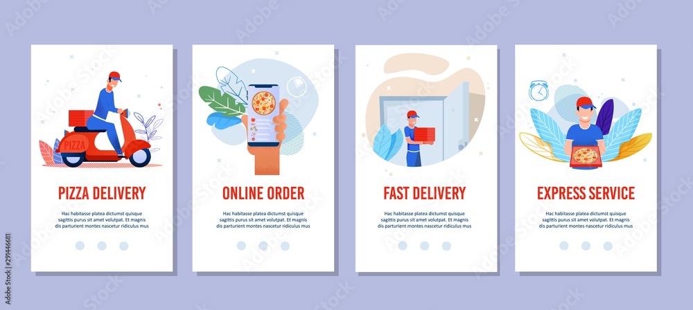 Flat Mobile Pages Set for Pizza Delivery Services