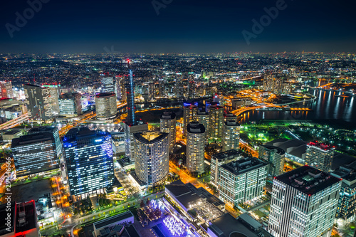 city skyline aerial night view in Yokohama  Japan