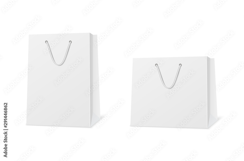 Blank shopping paper bags mockup. Empty cardboard packets on white background. Blank shopping paper bags mockup. Empty cardboard packets on white background.