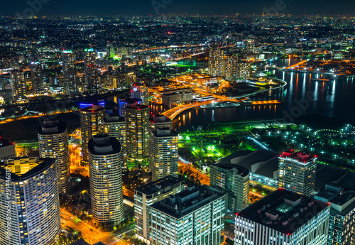 city skyline aerial night view in Yokohama  Japan