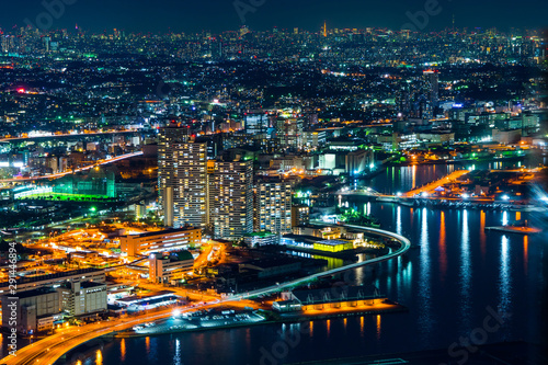 city skyline aerial night view in Yokohama, Japan