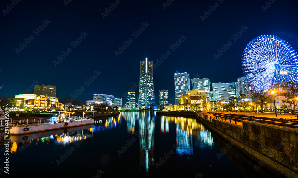 city skyline looking up night view in Yokohama