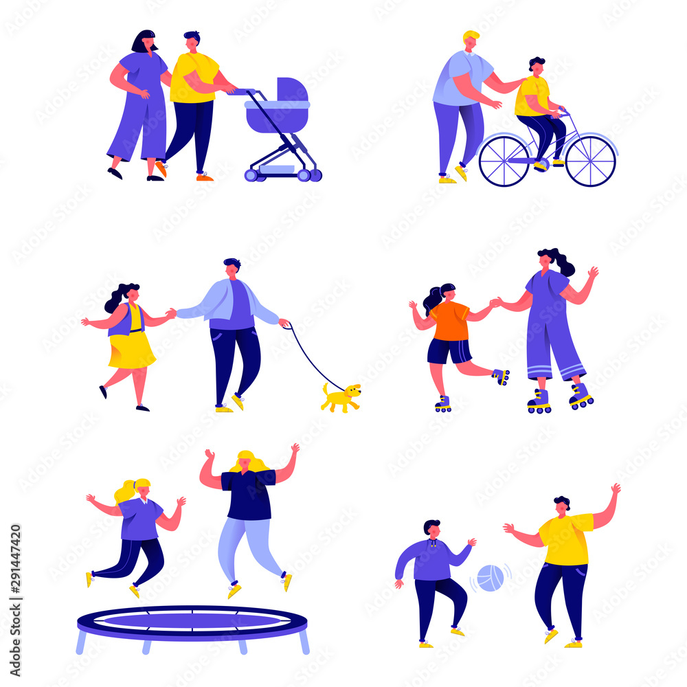 Set of flat people family active holidays characters. Bundle cartoon people parents with kids in various activity isolated on white background. Vector illustration in flat modern style.