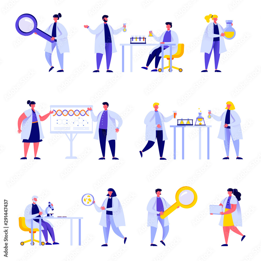 Set of flat people science laboratory staff characters. Bundle cartoon people performing various experiments isolated on white background. Vector illustration in flat modern style. Set of flat people science laboratory staff characters. Bundle cartoon people performing various experiments isolated on white background. Vector illustration in flat modern style.