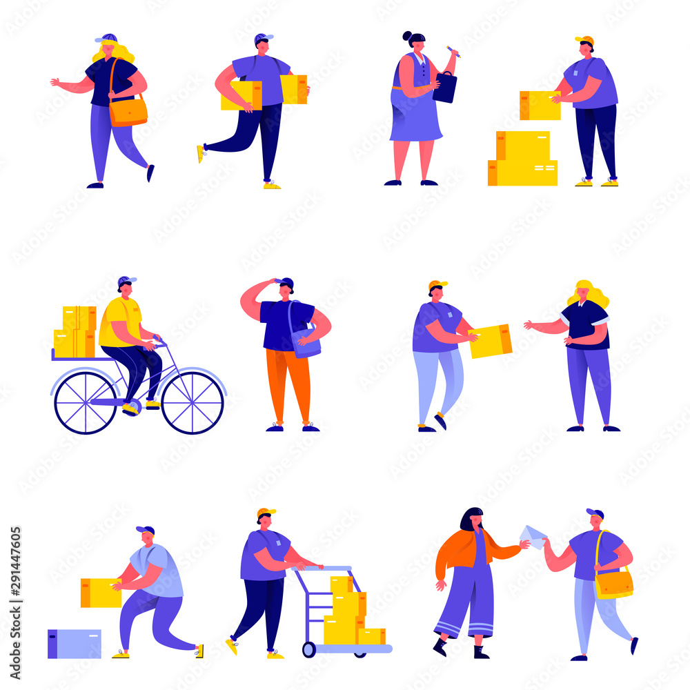 Set of flat people different delivery service workers characters. Bundle cartoon people delivering packages to clients isolated on white background. Vector illustration in flat modern style.