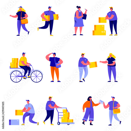 Set of flat people different delivery service workers characters. Bundle cartoon people delivering packages to clients isolated on white background. Vector illustration in flat modern style.
