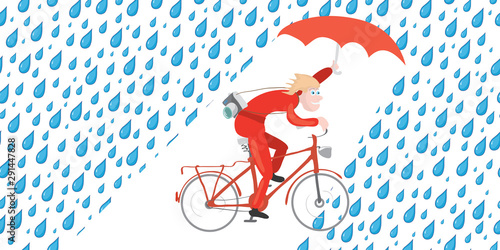 man with an umbrella and camera rides bicycle in the rain. a good shot is more important than the weather