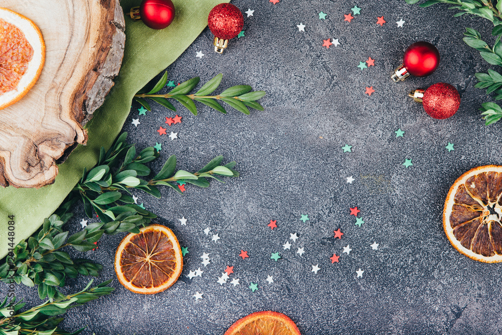 Beautiful Christmas composition in the style of flat bark on a tabletop made of natural stone, using eco-materials and healthy food. Beautiful Christmas composition in the style of flat bark on a tabletop made of natural stone, using eco-materials and healthy food.