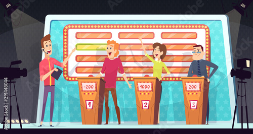 Quiz tv show. Smart competition with three players answered question entertainment tournament television game vector background. Competition tv show, quiz contest player, smart playing illustration