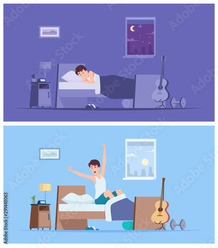 Wake up man. Joyful happy morning sleeping male person stretching in bad sitting on mattress vector peaceful characters. Wake up morning, happy male awake early illustration