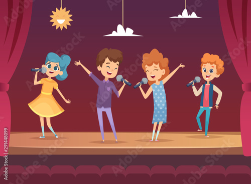 Kids stage. Children performance karaoke sing boys and girls vector backgrounds. Illustration karaoke girl and boy performance,