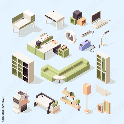 Business furniture. Office desk chairs wardrobe bedside table isometric vector low poly furniture. Office furniture table or desk interior illustration