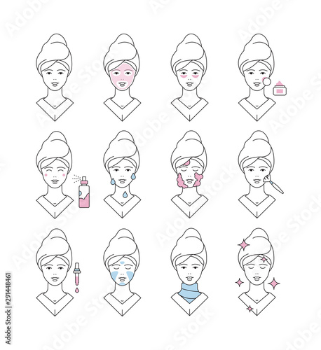 Skin care icon. Face cream soap washed collagen eye creme makeup line cleanse pore vector symbols. Illustration care face skin, girl facial cosmetic mask