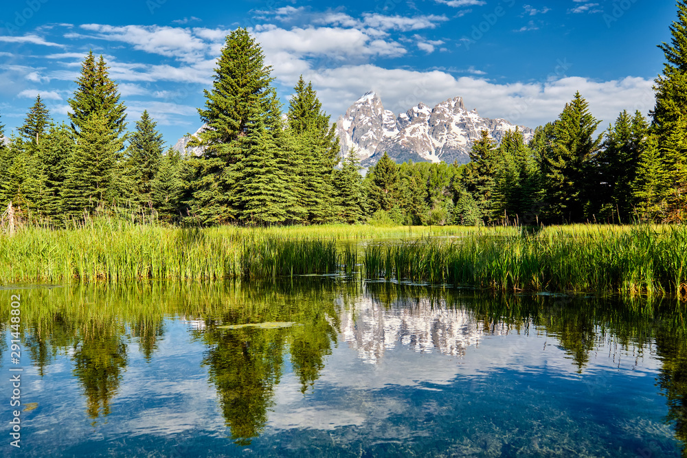 Grand Teton Mountains from Schwabacher's Landing on the Snake River at morning. Grand Teton National Park, Wyoming, USA.